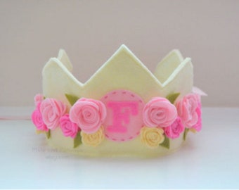 Girl Birthday Crown with Roses, First Birthday Crown, Woolfelt Crown