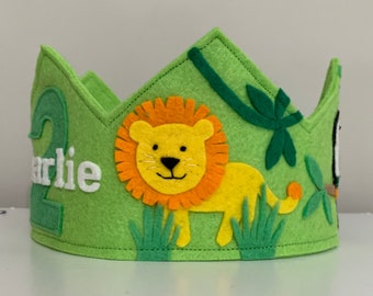 Jungle Birthday Crown, Zoo Birthday Crown, Sloth, Tiger, Lion, Toucan, First Birthday Crown, Wool Felt Crown
