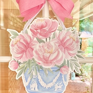 Peonies in Jasperware Cache Pot - Spring + Summer Door Decor, Grandmillennial