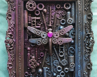 Steampunk dragonflies 3D framed small canvas.