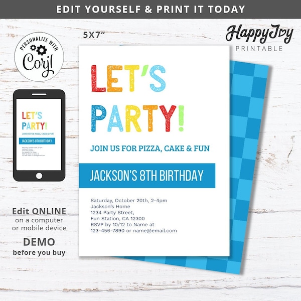 Let's Party Invitation, Boys Girl Tween Teen Simple Birthday Party Invite, Editable Template Digital File INSTANT Access, Self Edit Corjl