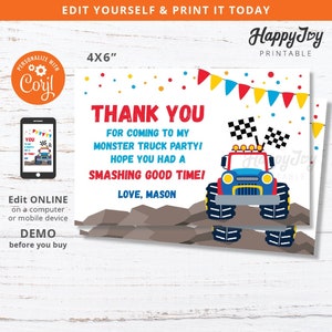 Cartão de nota de agradecimento Monster Truck 4x6, lembrancinha de festa de aniversário sensacional, modelo digital editável Download INSTANTÂNEO, autoedição com Corjl