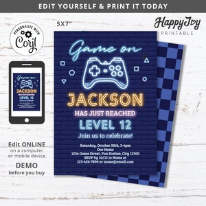 Game On Invitation, Neon Video Gamer Birthday Invite, Boy Girl Tween Party, Editable Template Digital File INSTANT Access, Self Edit w Corjl