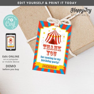 Zirkus Karneval Party Favor Tag 2x3, Größte Show Geburtstag Danke Tag, Das Zirkuszelt, Bearbeitbare Vorlage SOFORTIGER Zugriff, Selbst bearbeiten Corjl