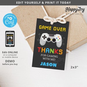 コンソールゲームの好意タグ 2x3、ゲームオーバーありがとうラベルタグ、ビデオゲーム、編集可能なテンプレート即時アクセス、自己編集Corjl
