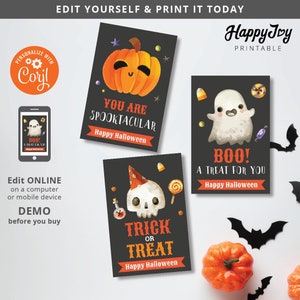 May include: Three printable Halloween cards with different designs. The first card features a smiling pumpkin with the text "You are Spooktacular" and "Happy Halloween". The second card features a ghost with the text "Boo! A Treat for You" and "Happy Halloween". The third card features a skull wearing a party hat with the text "Trick or Treat" and "Happy Halloween".
