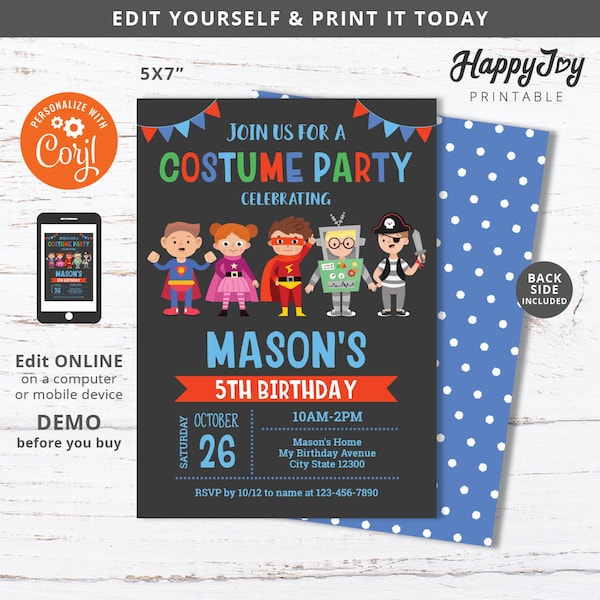 Costume Birthday Invitation, Kids Boy Costume Party Invite Printable, Editable Digital Template INSTANT Download Access, Self Edit co04