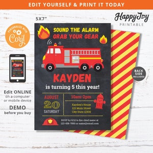 May include: A printable 5x7 inch birthday party invitation featuring a red fire truck with the text "Sound the Alarm Grab Your Gear" and a black chalkboard background. The invitation is for a boy named Kayden turning 5 years old. The invitation includes the date, time, and location of the party.