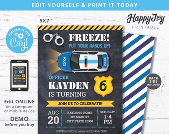 Police Birthday Invitation, Officer Cop Party Policeman Invite, Freeze Hands Up, Editable Template INSTANT Access Self Edit Corjl