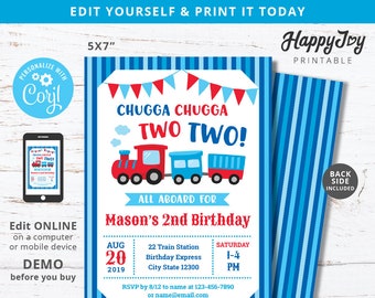 Chugga Two Two Invitation, Boys Choo Choo Train Railroad Birthday Invite, Blue Red, Editable Template INSTANT Access, Self Edit with Corjl