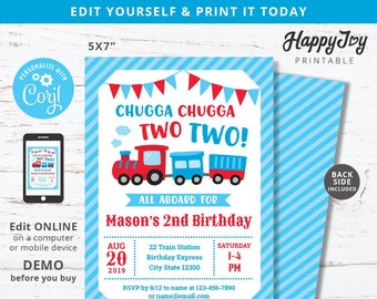 Chugga Chugga Two Two Invitation, Choo Choo Train Boys 2nd Birthday Invite, Sky Blue, Editable Template INSTANT Access, Self Edit with Corjl