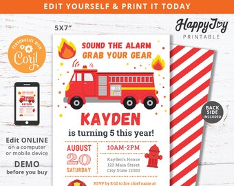 May include: Red and yellow printable birthday invitation with a cartoon fire truck and the text "Sound the Alarm Grab Your Gear" and "Kayden is turning 5 this year!"  The invitation is for a party on August 20th from 10am to 2pm at Kayden's House.