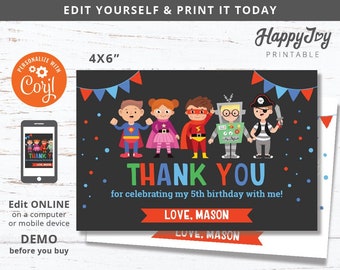 Costume Party Thank You Note Card 4x6, Boys Birthday Favor Printable, Editable Digital Template INSTANT Download Access, Self Edit Corjl