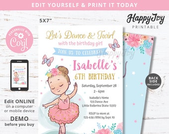 May include: A 5x7 inch printable invitation for a 6th birthday party. The invitation features a ballerina girl with a pink tutu and a floral crown. The text on the invitation reads "Let's Dance & Twirl with the birthday girl" and "Isabelle's 6th Birthday".