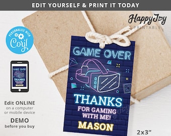 VR Game Favor Tag, Game Over Thank You Label 2x3 Printable Neon Blue, Virtual Reality Video Gaming, Editable Template INSTANT,Self Edit
