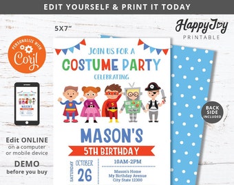 Costume Party Invitation, Kids Boy Costume Birthday Invite Printable, Editable Digital Template INSTANT Download Access, Self Edit
