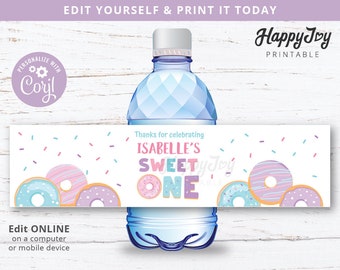 Sweet ONE Donut Bottle Wrapper Label Digital Printable, Donut 1st Birthday Party, Editable Template INSTANT Download, Self Edit w Corjl do07