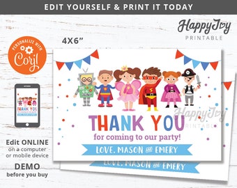 Costume Party Thank You Note Card 4x6, Boy Girl Joint Birthday Printable, Editable Digital Template INSTANT Download Access, Self Edit Corjl
