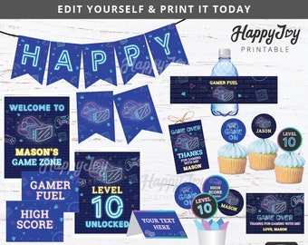 Virtual Reality VR Game Printable Kit, Boy Girl Gaming Birthday, Neon Blue Banner, Favor Tag, Sign Decor, Digital Printable INSTANT Editable