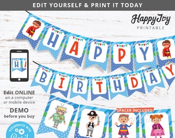 Costume Party Banner, Kids Boy Costume Happy Birthday Decoration Printable, EDITABLE Digital Template INSTANT Access, Self Edit