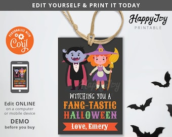 Witching You Fangtastic Halloween Favor Tag 2x3 Printable, Halloween Treat Label Tag Editable Template INSTANT Download, Self Edit Corjl