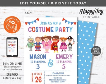 Costume Party Sibling Joint Birthday Invitation, Boy Girl Costume Invite Printable, Digital Template INSTANT Download Access Self Edit