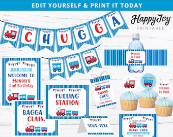 Chugga Choo Printable Package, Boy Turns Two Train Birthday, Banner, Favor Tag, Toppers, Sign Digital Printable DIY INSTANT Editable Corjl