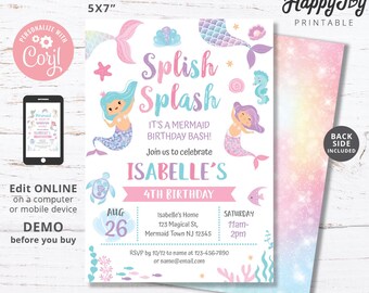 Mermaid Splish Splash Invitation, Girl Mermaid Bash Birthday Party Shellabration Invite, Editable Corjl Template INSTANT Digital Download