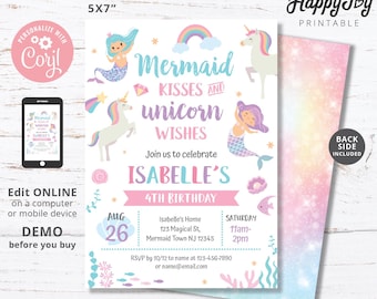 Mermaid Kisses Unicorn Wishes Invitation, Girl Magical Birthday Invite Pink Purple Blue, Editable Corjl Template INSTANT Digital Download
