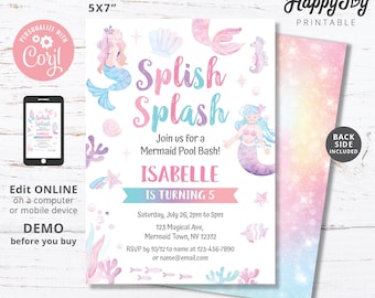 Splish Splash Mermaid Party Invitation, Girl Mermaid Pool Birthday Bash Shellebrate Invite, Editable Corjl Template INSTANT Digital Download