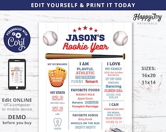 Baseball Rookie Year Milestone Board Poster, Boy Base Ball 1st Birthday Sign, Digital File Editable Template INSTANT Access Self Edit Corjl