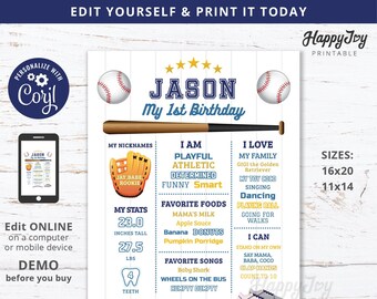 Baseball First Year Milestone Poster, Boy Base Ball 1st 2nd 3rd Birthday Sign, Digital File Editable Template INSTANT Access Self Edit Corjl