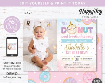 You Donut Wanna Miss This, Photo Birthday Invitation, Donut Unicorn Magical Party Pink Purple, Editable Template INSTANT Download, Self Edit