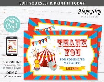 Circus Carnival Party Thank You Card 4x6, Greatest Show Birthday Favor Label, Editable Template INSTANT Access, Self Edit with Corjl