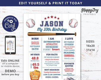 Baseball Milestone Board Poster Sign, Teenager Boys Birthday, Navy Blue Red, Digital File Editable Template INSTANT Download Edit with Corjl