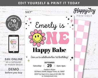 ONE Happy Babe Invitation, Girls 1st Birthday Smiley Face Simple Invite Pink, Editable Template INSTANT Access, Self Edit with Corjl, HA08