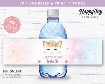 Cat Meowgical Purrfect Birthday Pawty Bottle Wrapper Digital Printable, Water Bottle Wrap Label, Editable Corjl Template INSTANT Download