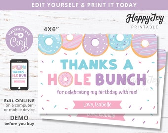 Donut Sprinkle Party Thank You Note Card 4x6, Girl's Sweet Birthday, Pink Blue Purple, Editable Template INSTANT Access, Self Edit Corjl