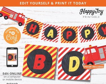 Fire Truck Party Banner, Firefighter Birthday Decoration Digital Printable, Fire Rescue, Edit with Corjl, Editable Template INSTANT Access