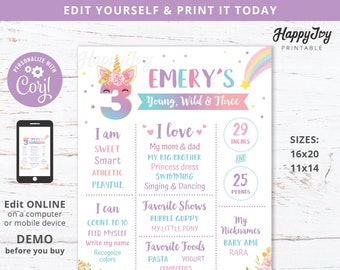 Unicorn Young Wild Three Milestone Board Poster, Girls Magical 3rd Birthday, Editable Printable Digital Template INSTANT Edit Corjl