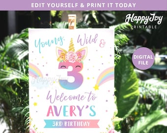 Unicorn Young Wild Three Welcome Sign Poster, 8x10, 16x20 File, Girls 3rd Birthday, Editable Printable Digital Template INSTANT Edit Corjl