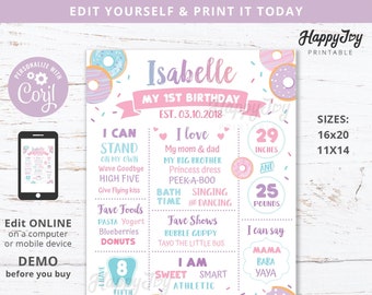 Donut First Year Milestone Board Poster 16x20, Girl's Sweet 1st 2nd Birthday, Editable Template INSTANT Digital Download Access Edit w Corjl