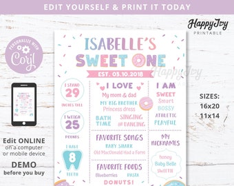 Sweet ONE Donut Milestone Board Poster, 11x14 16x20, Girl's 1st Birthday, Editable Template INSTANT Digital Download Access, Self Edit Corjl