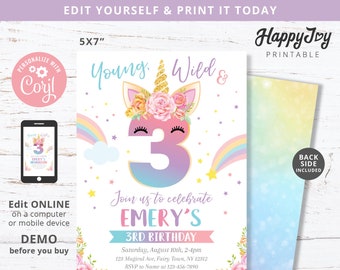 Young Wild and Three Unicorn Invitation, Girl Turns 3, 3rd