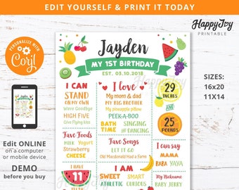 Boys Tutti Fruity Milestone Board Poster 16x20, Boy Frutti 1st 2nd Birthday, Editable Template INSTANT Digital Download Self Edit Corjl