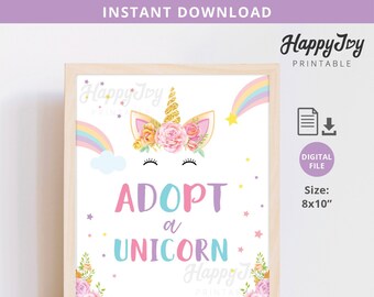 Adopt a Unicorn Sign Poster Printable 8x10, Girl Birthday, Pastel Rainbow Floral Pink Purple, INSTANT DOWNLOAD Digital File pdf jpg
