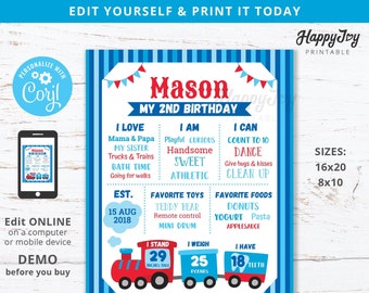 May include: A blue and red printable birthday sign for a boy's second birthday. The sign features a train theme with a red, blue, and yellow train engine, a blue boxcar, and a red caboose. The sign includes the boy's name, Mason, and details about his age, favourite toys, foods, and activities. The sign is available in two sizes: 16x20 inches and 8x10 inches.
