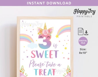 Unicorn 3 is Sweet Take a Treat Sign Poster 8x10, Girls 3rd Birthday, Pastel Rainbow Pink Purple, INSTANT DOWNLOAD Digital Printable File