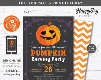 Pumpkin Carving Night Halloween Party Invitation, Pumpkin Invite Printable, Editable Digital Template INSTANT Download, Self Edit Corjl