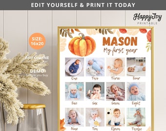 Boys Pumpkin First Year Photo Poster, 1st Fall Birthday 12 Months, Editable Template INSTANT Digital Download, Edit Yourself with Corjl pu31